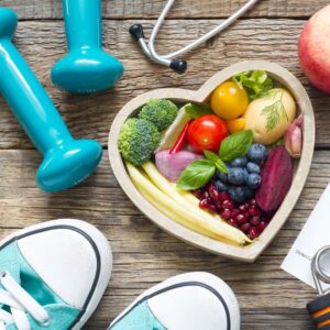 healthy foods and workout equipment