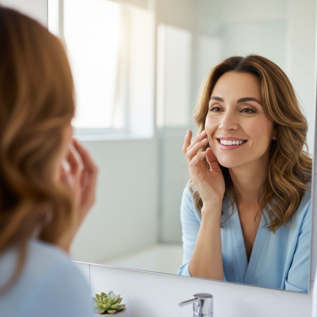 woman looking at her nose in the mirror