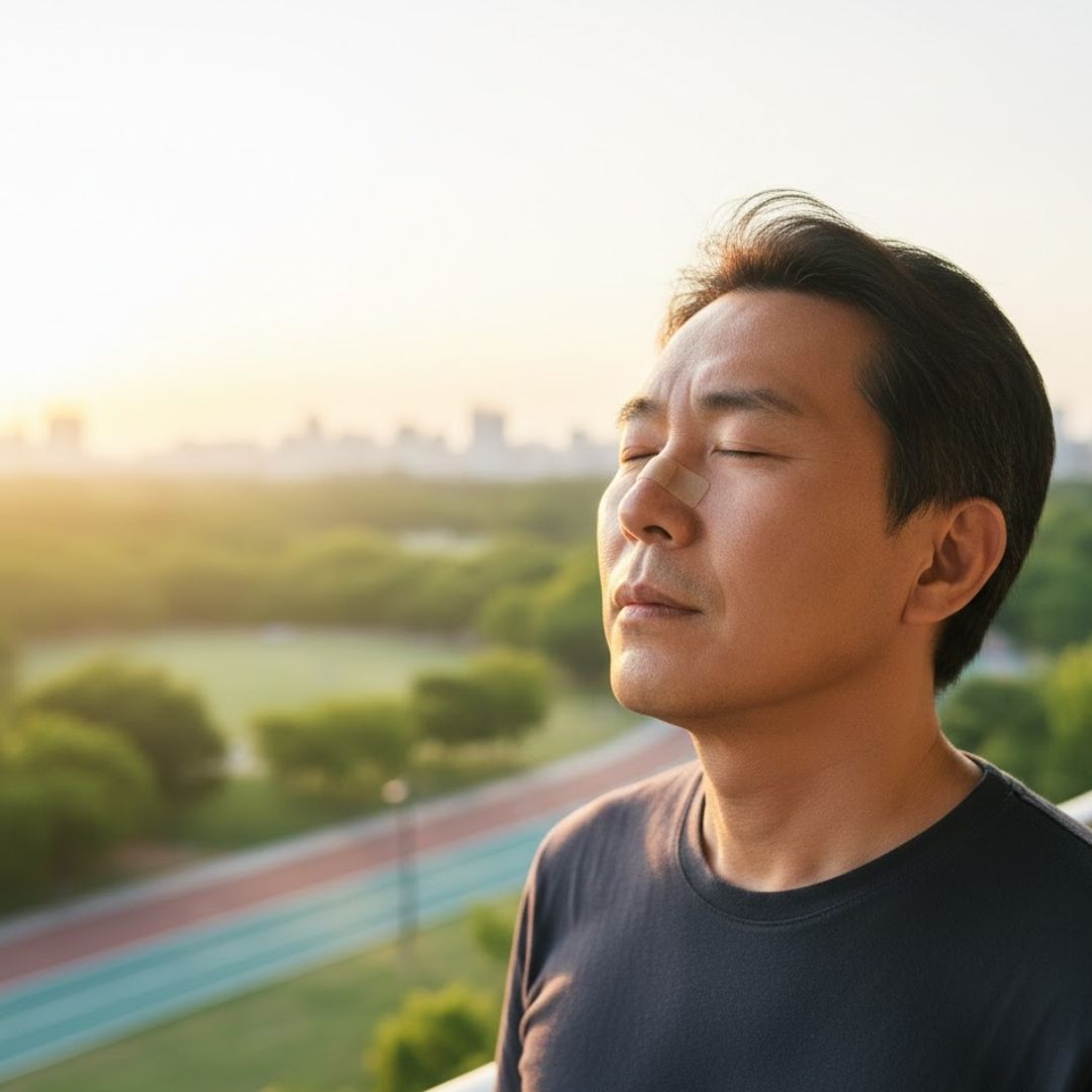 man with nose bandage on taking a deep breath outside