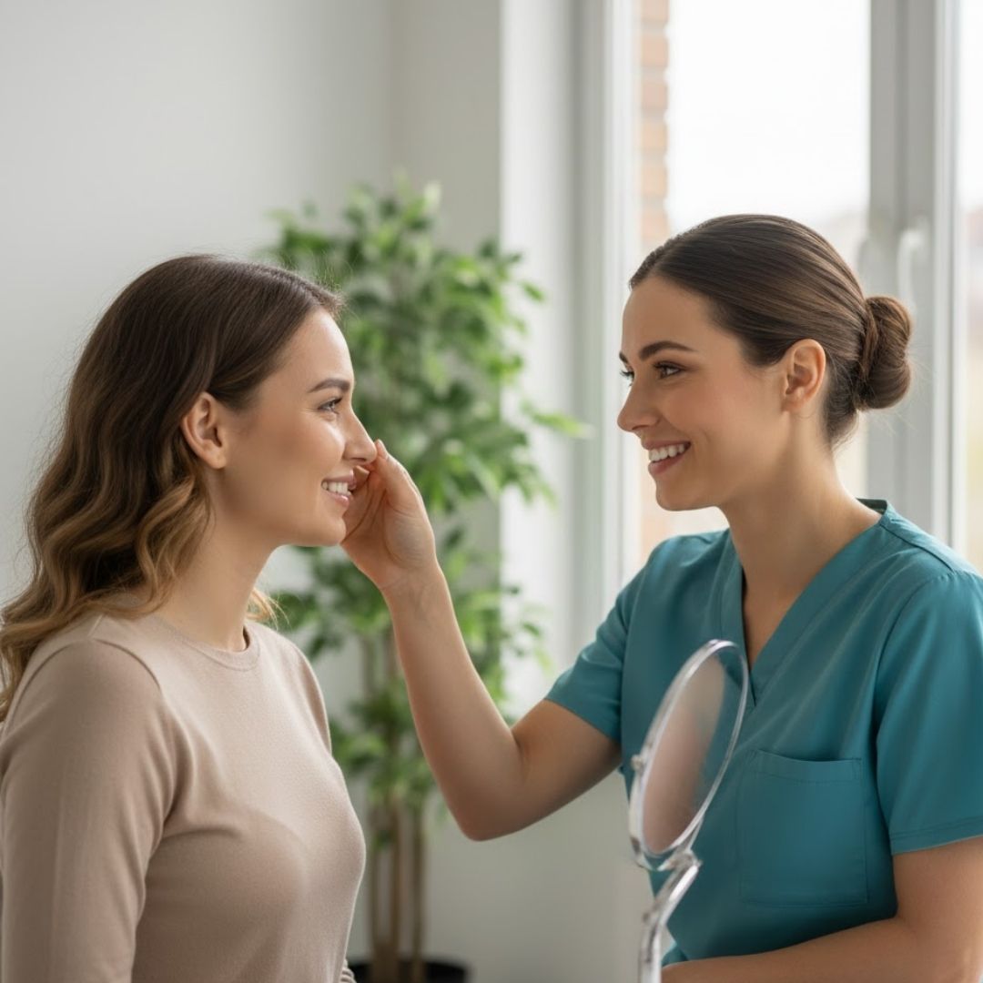 doctor looking at woman's fully healed nose after surgery