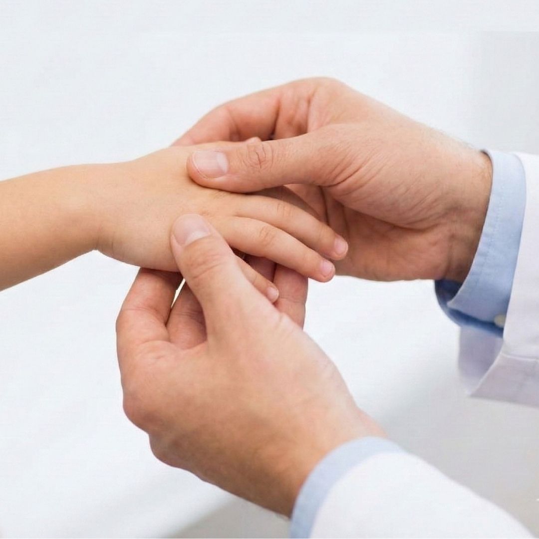Close-up of a doctor examining a child’s hand.