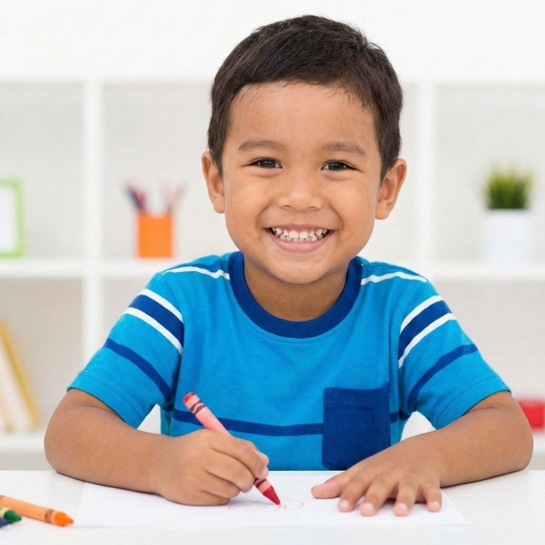 Smiling young boy drawing with a red crayon.