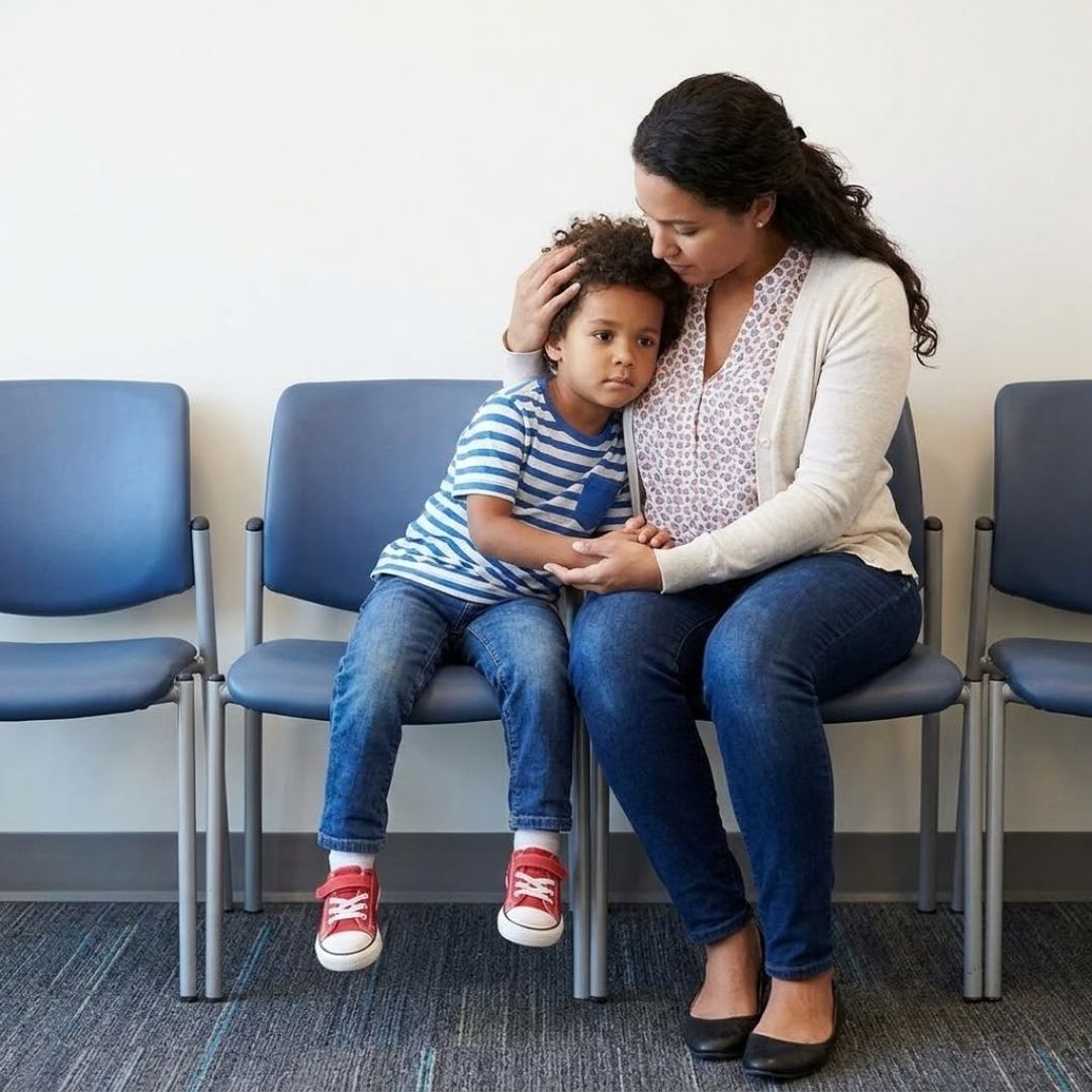Mother comforting her young son in a waiting room.