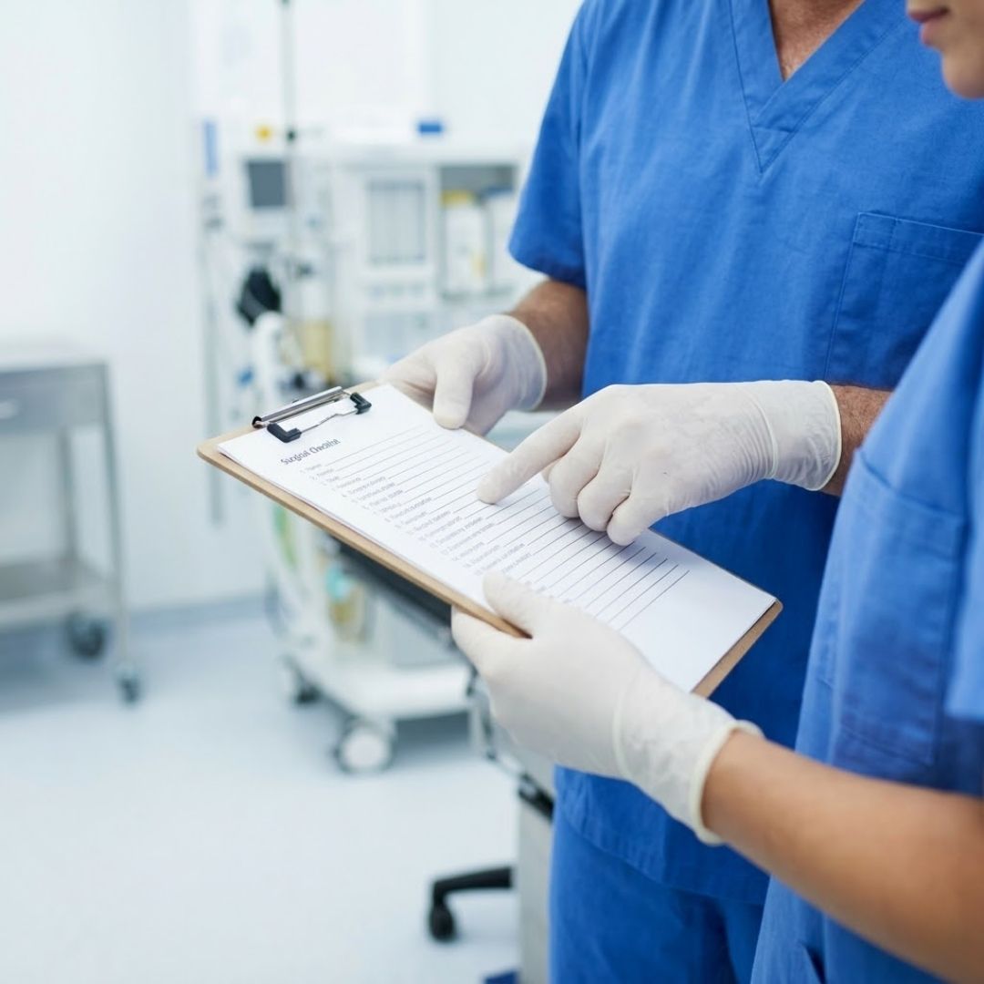 A surgical team reviewing a clipboard