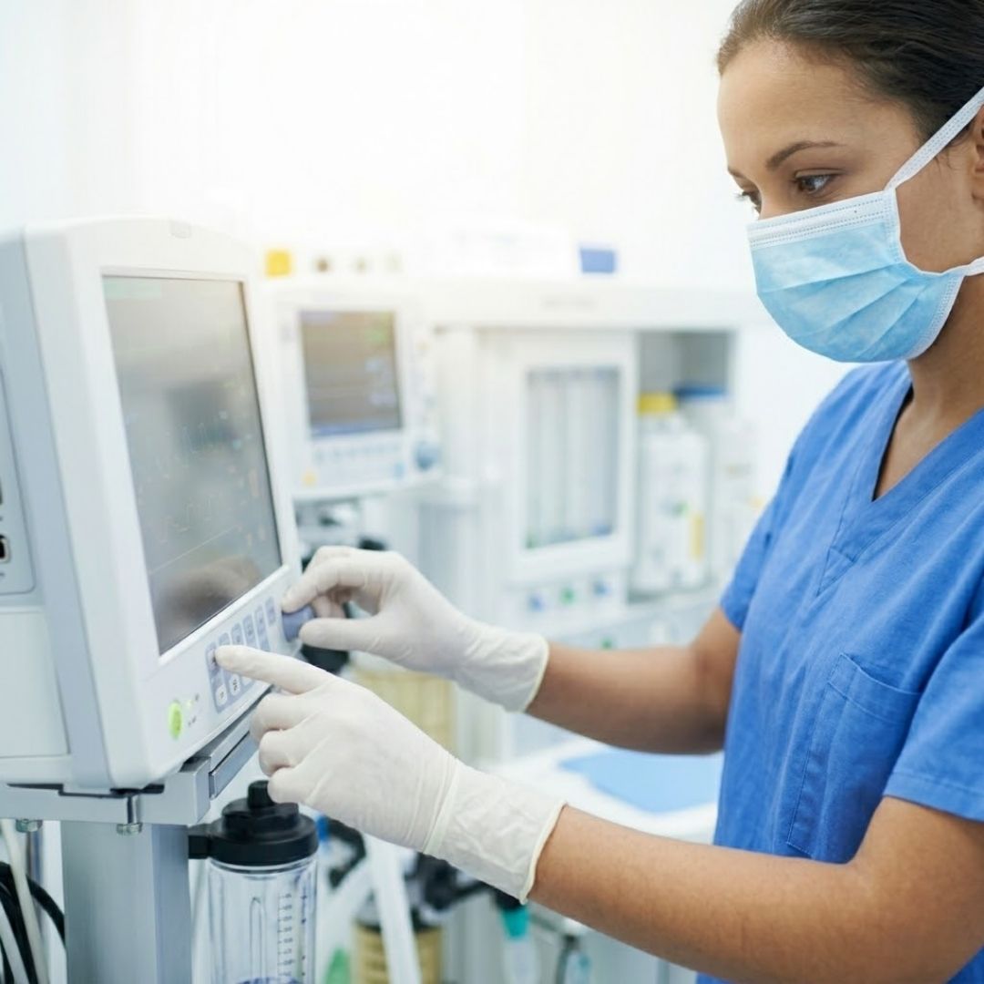 An anesthesiologist diligently monitors advanced equipment to ensure continuous patient comfort.