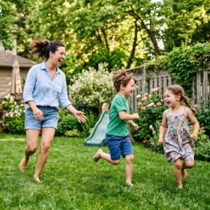 a parent laughing while playing a game of tag with two young children