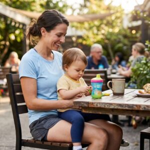A mom in athletic shorts and tee shirt sitting at an outdoor table with a child in her lap